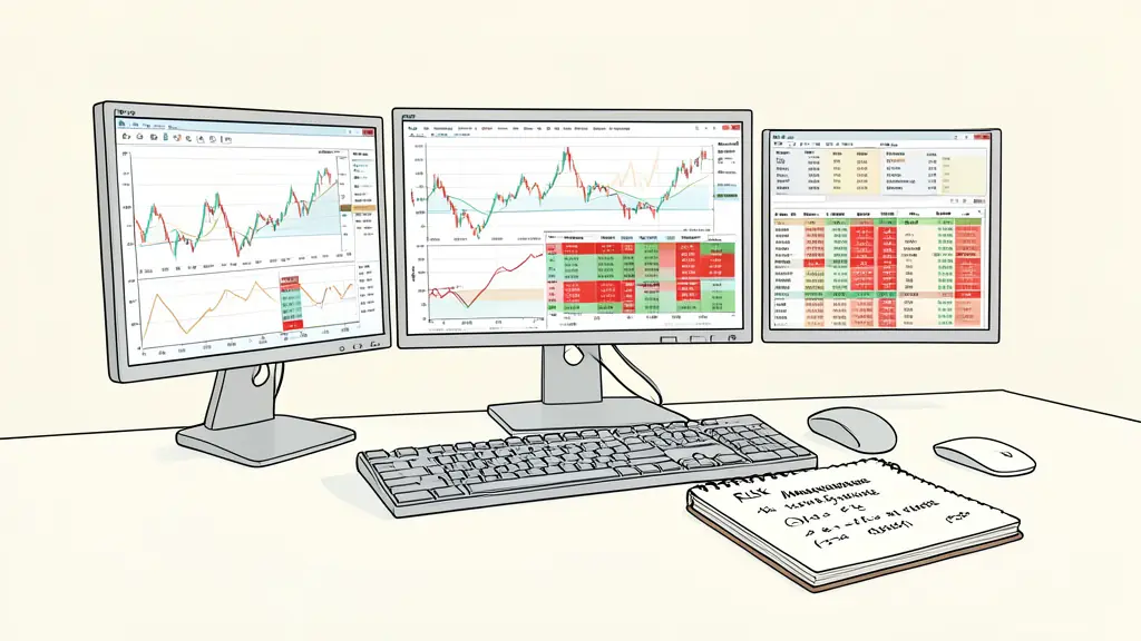 Professional trader's desk with multiple monitors displaying equity curves and data tables