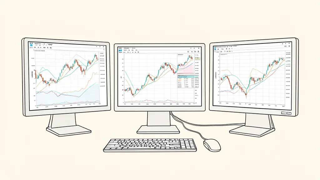 A professional workspace with three high-resolution monitors displaying complex futures trading charts and a comparison spreadsheet, editorial style, high contrast