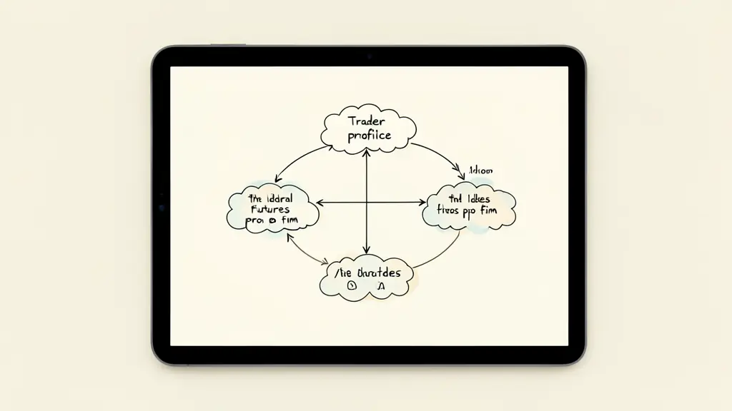 A decision-tree diagram on a tablet screen showing the path from trader profile to the ideal futures prop firm, editorial style, clean minimalist background