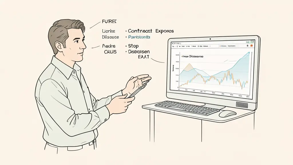 trader comparing contract exposure, stop distance and payout schedule beside a futures trading workstation