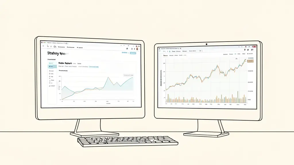 An editorial shot of a trader's desk with two monitors; one screen displaying a complex Strategy Report with performance graphs, the other showing a futures chart with Bar Replay active.