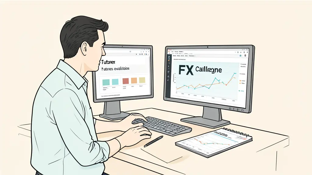 Trader comparing a futures evaluation and an FX challenge on two monitors, with a fee worksheet and trading journal on the desk