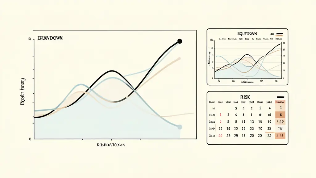 Close-up of an equity curve beside three drawdown diagrams, with an economic calendar and risk calculator visible