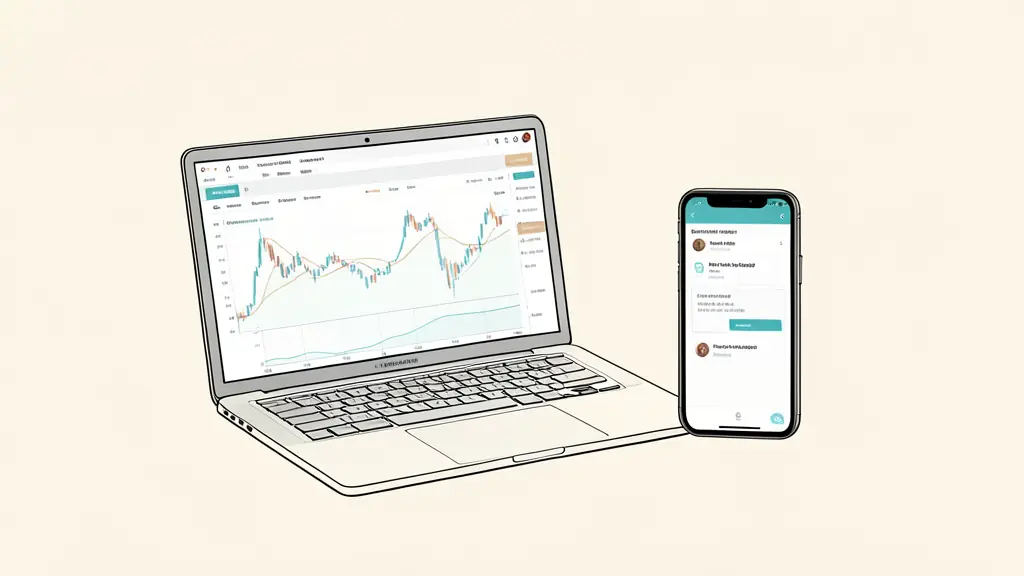 Professional workspace with a trading dashboard on a laptop and a cryptocurrency wallet on a smartphone