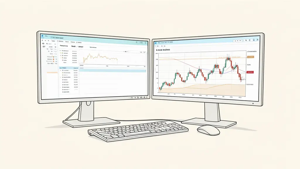 Professional trading workstation with multi-monitor setup displaying technical analysis and risk management data