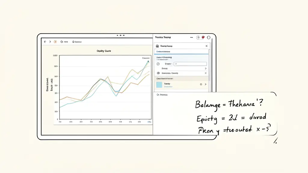 Trading desk showing an equity curve, open position panel, and handwritten balance threshold calculation, no text or logos