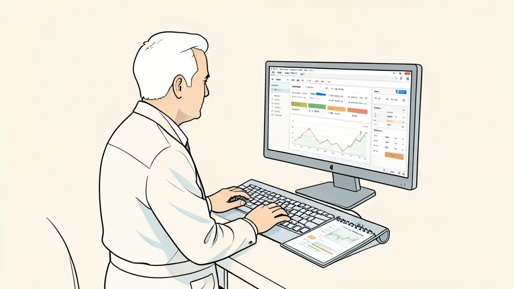 Futures trader reviewing a simulated account dashboard, risk limits visible on a second monitor, trading journal open beside the keyboard