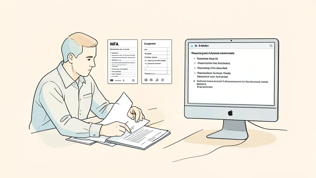 Analyst comparing a legal agreement with an NFA record, payout screenshots arranged beside a compliance checklist, computer screen showing contract clauses