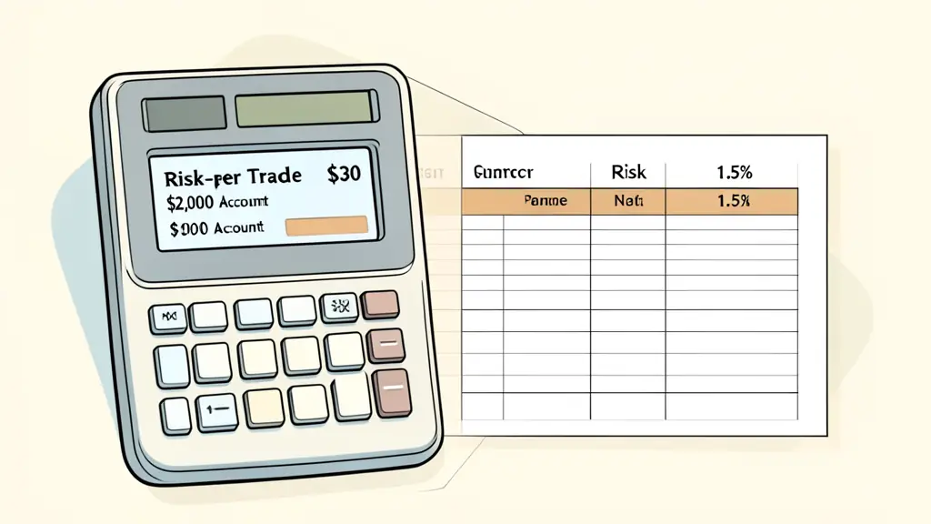 A close-up of a trading calculator screen showing a risk-per-trade calculation of $30 for a $2,000 account, next to a clean financial spreadsheet with a 1.5% risk column highlighted.