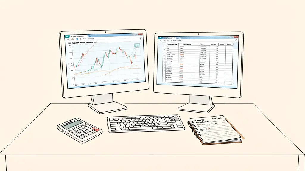 A professional desk with two monitors displaying a trading journal and a monthly expense worksheet, with a calculator and a notebook showing a tax deduction calculation.