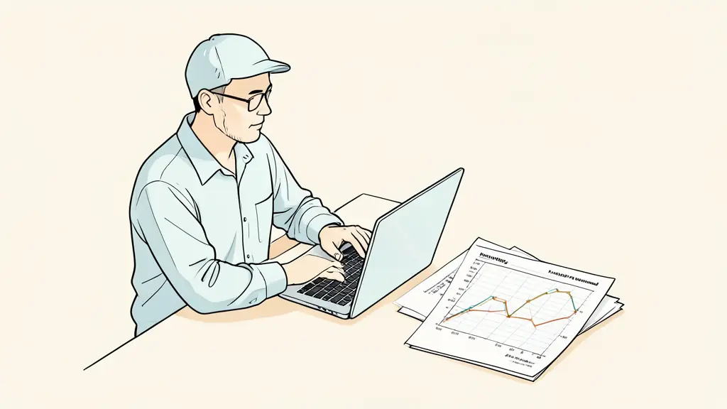 Editorial photograph of a trader reviewing an equity curve on a laptop, a drawdown calculation worksheet, and an intraday high-water mark chart, no text, no logos
