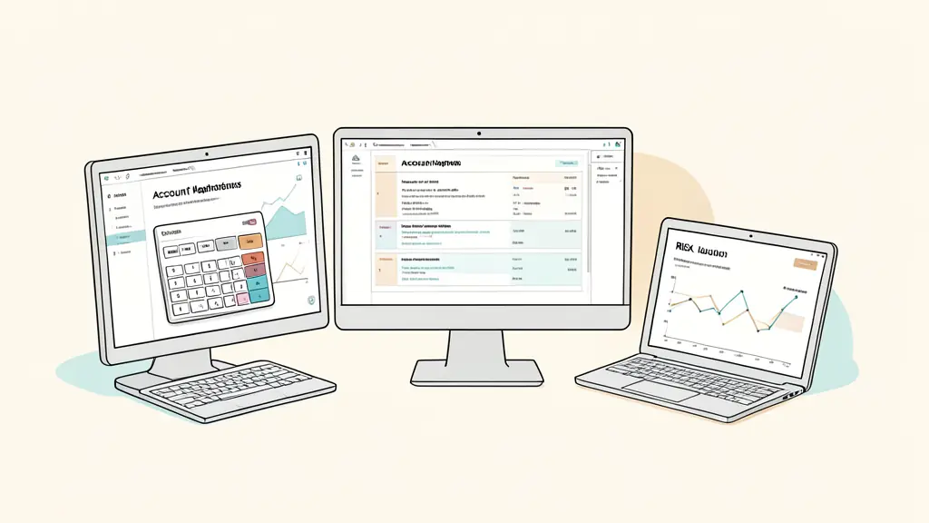 Editorial photograph of a trader comparing three account pathways on dual monitors, a fee calculator, and a risk journal, no text, no logos