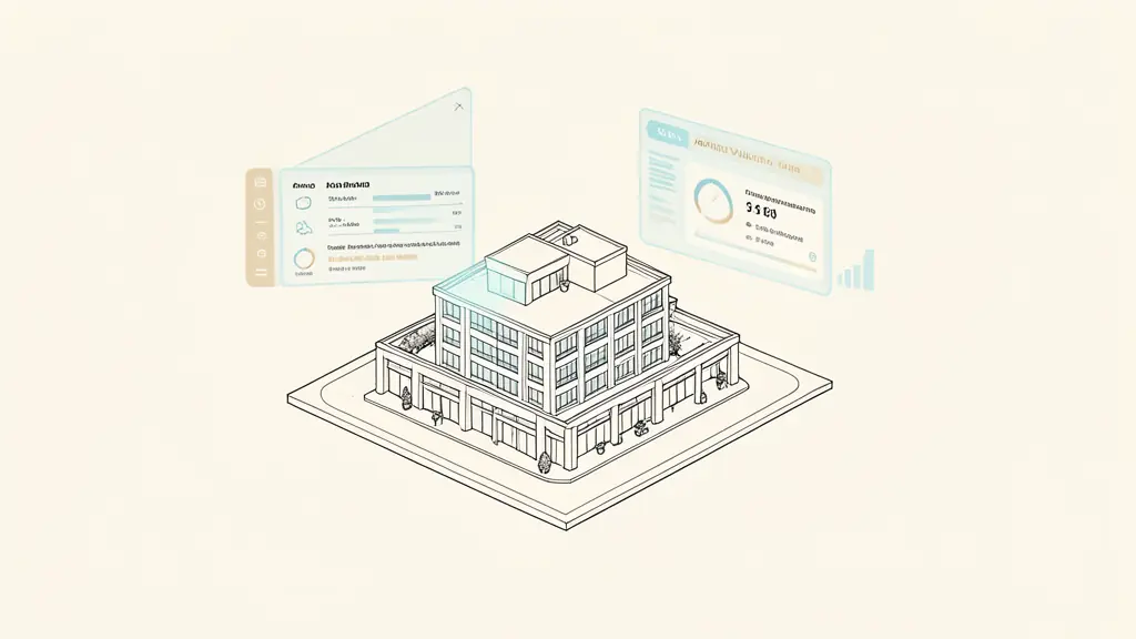 A high-tech digital interface showing a 3D architectural model of a building being analyzed by holographic data charts and automated valuation metrics