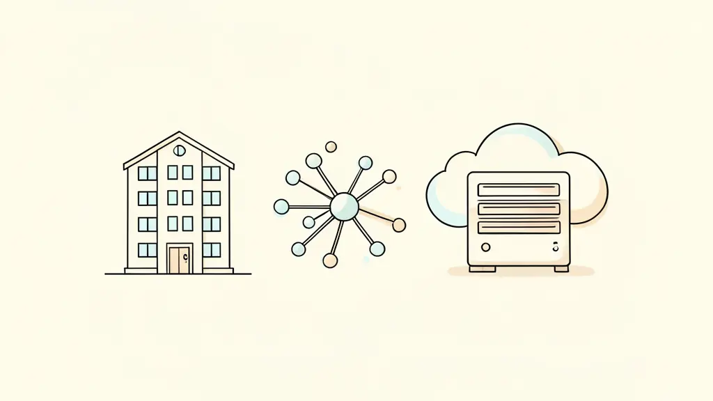 A conceptual comparison graphic showing a residential building icon next to a neural network node and a cloud computing server
