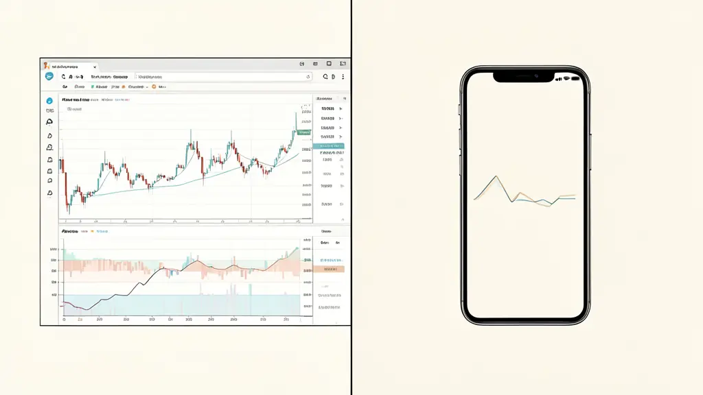 A split-screen view showing a complex professional trading interface with multiple candlesticks and a depth chart versus a simplified mobile app interface with a single price line, editorial style
