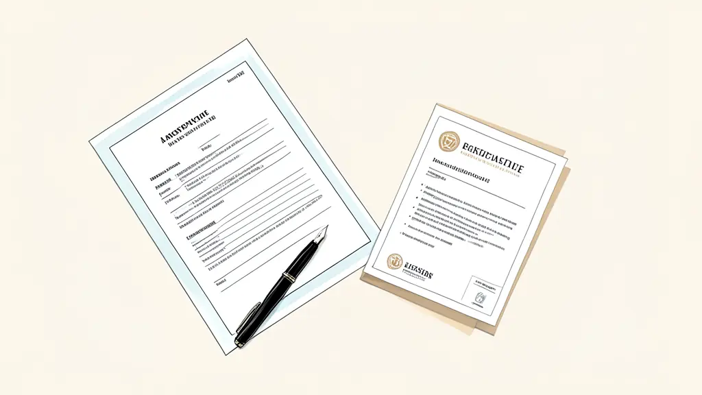 Professional office desk with a legal contract, fountain pen, and business license document