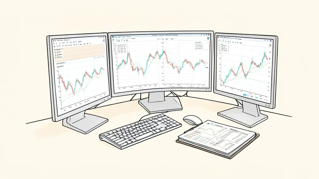 Professional trader's desk with multiple monitors displaying candlestick charts and a risk management notebook