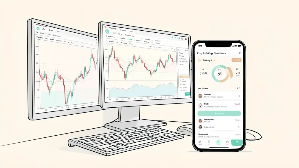 Professional trading workstation with multiple monitors displaying candlestick charts and a mobile device