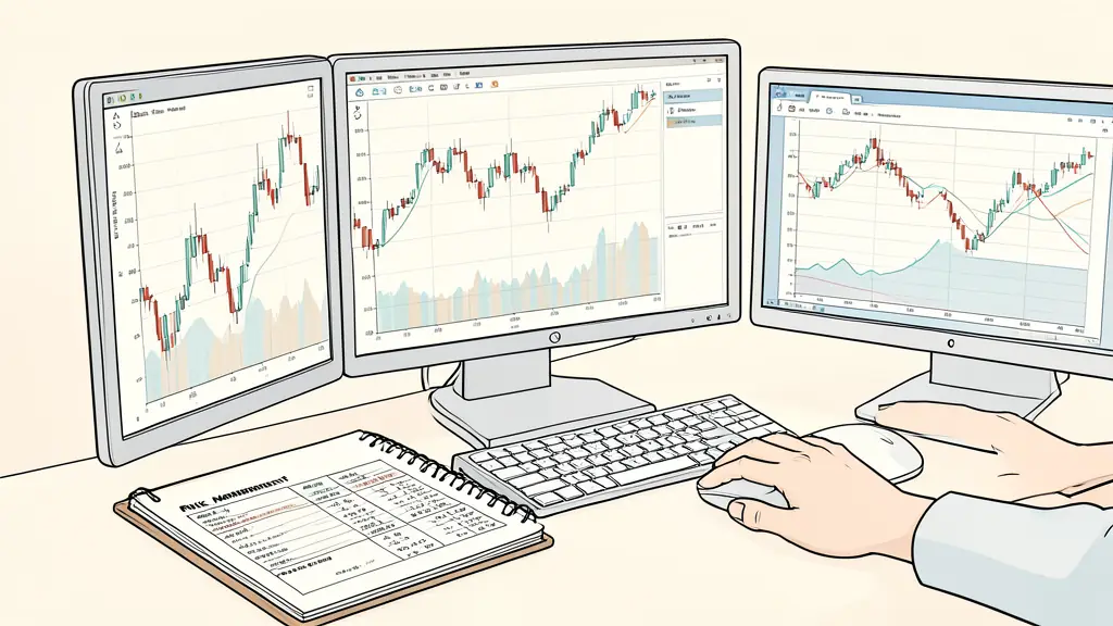 Professional trading workstation with multiple monitors displaying candlestick charts and a risk management notebook