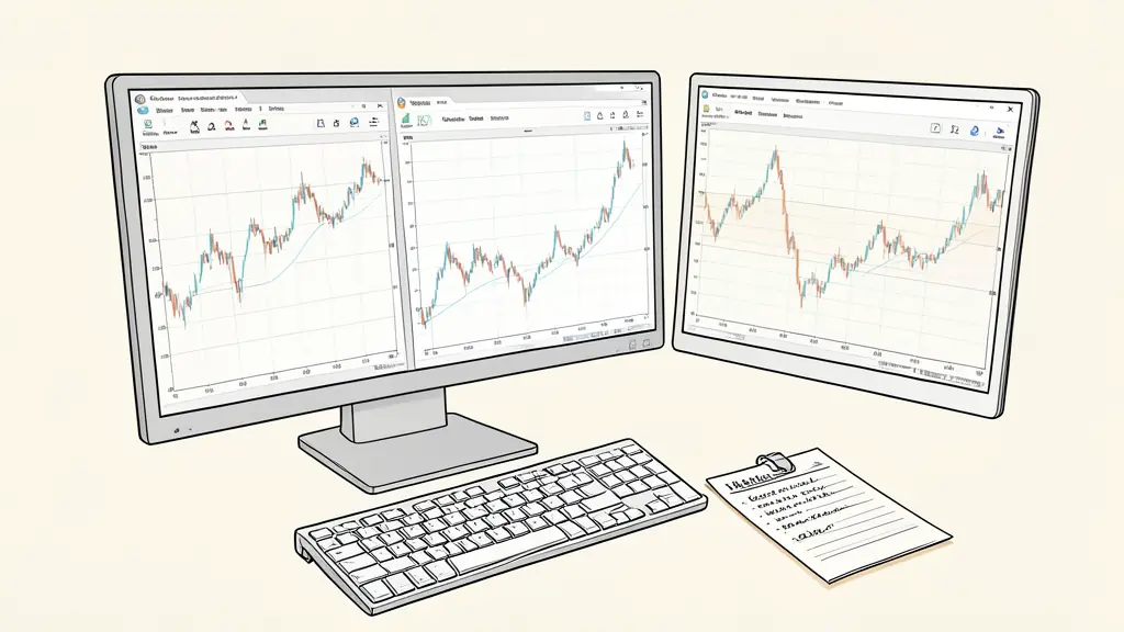A high-resolution close-up of a professional trading workstation with multiple monitors displaying clean price action charts and a handwritten checklist next to the keyboard.