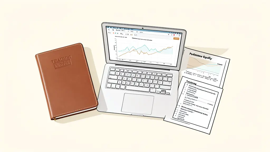An aerial shot of a clean desk with a leather-bound trading journal, a laptop showing a performance equity curve, and a printed set of trading rules.