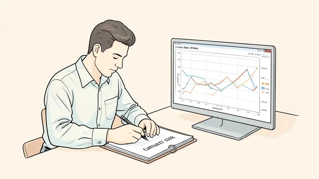 A trader calculating contract size on a notepad beside an equity curve and a futures depth-of-market screen, no visible text or logos