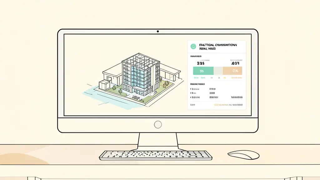 Professional office with a digital screen showing a 3D architectural model and a real estate tokenization dashboard