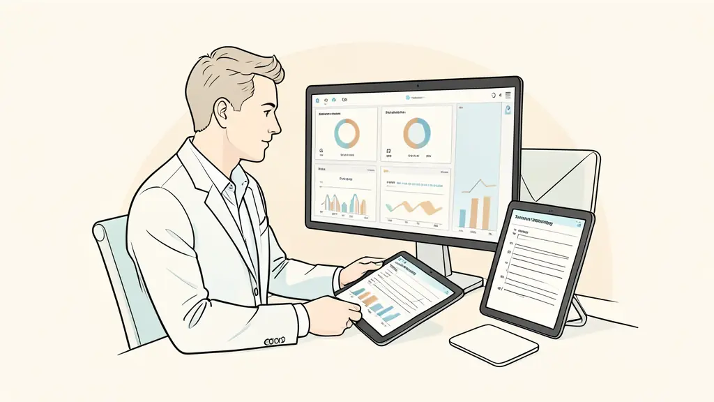 Property manager reviewing a digital dashboard with real-time energy metrics in a professional office