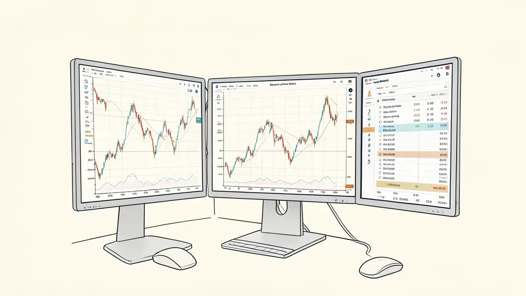 Professional trading workstation with multiple monitors displaying futures charts and Depth of Market data