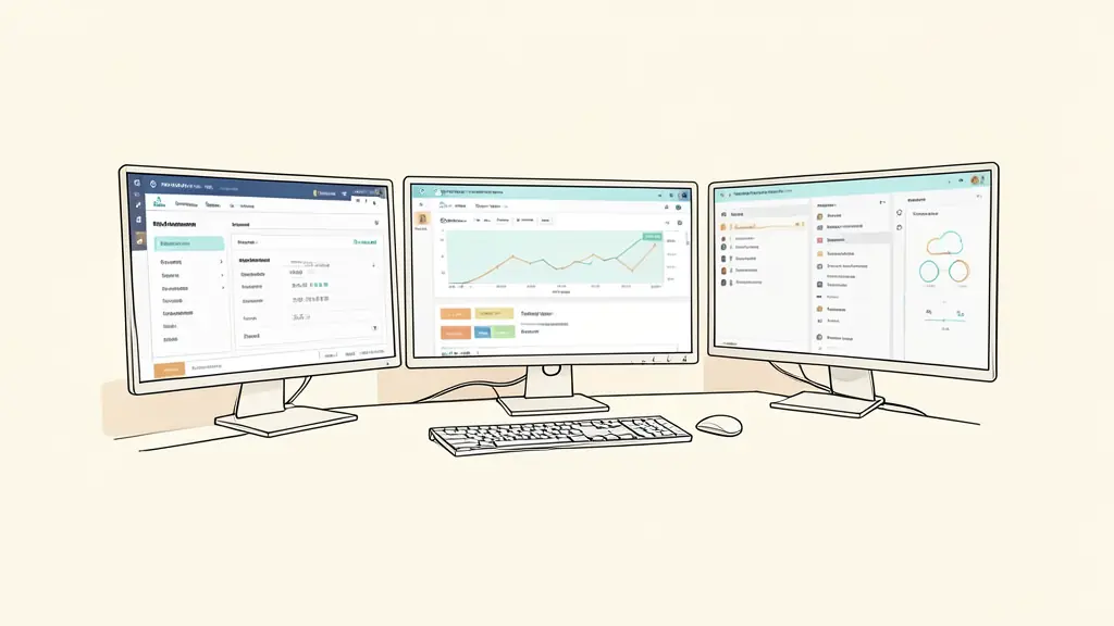 Professional trading desk with multiple monitors displaying prop firm dashboards and risk management tools