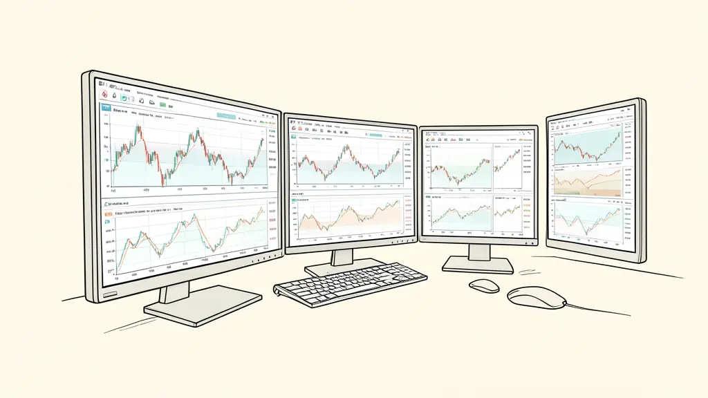 Professional trading desk with multiple monitors displaying stock heatmaps and real-time data charts