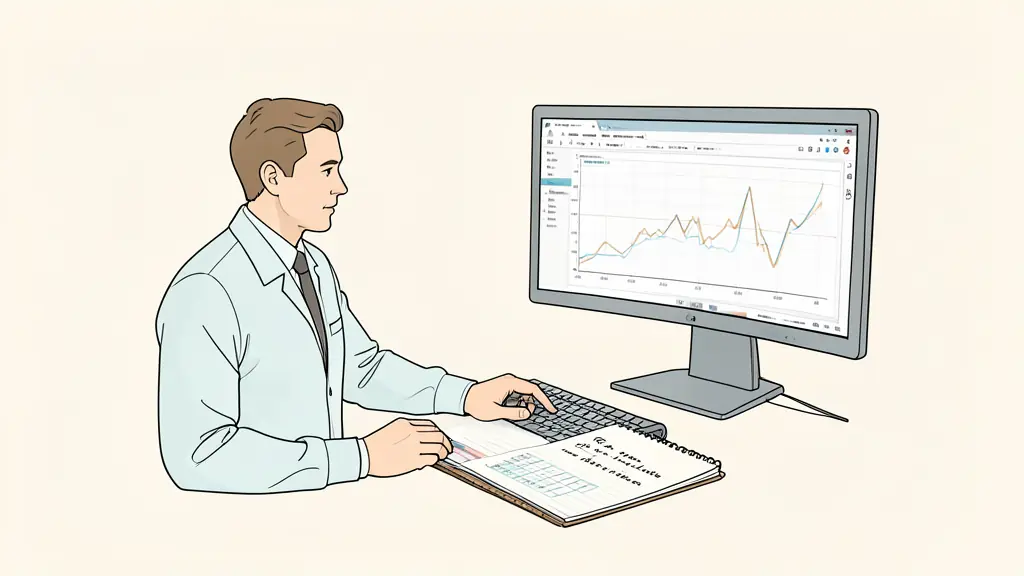 futures trader using a browser-based order ticket, live futures chart on a second monitor, risk limits written in a notebook