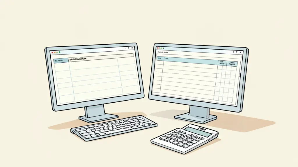 A trader comparing an empty evaluation spreadsheet on two monitors, with a calculator and printed fee checklist on the desk