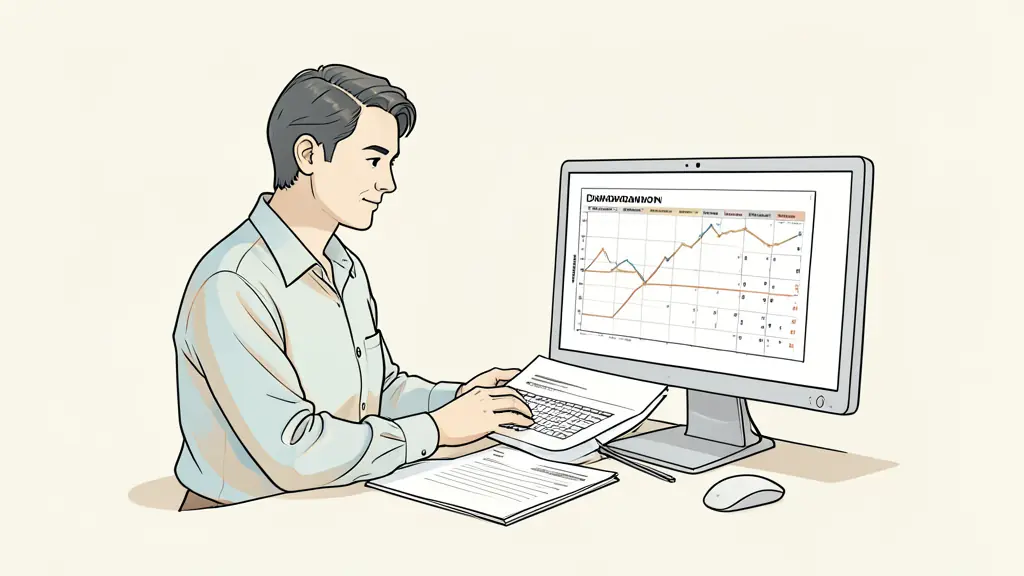 A trader reviewing an equity curve beside a printed drawdown checklist, with an economic calendar visible on a second monitor