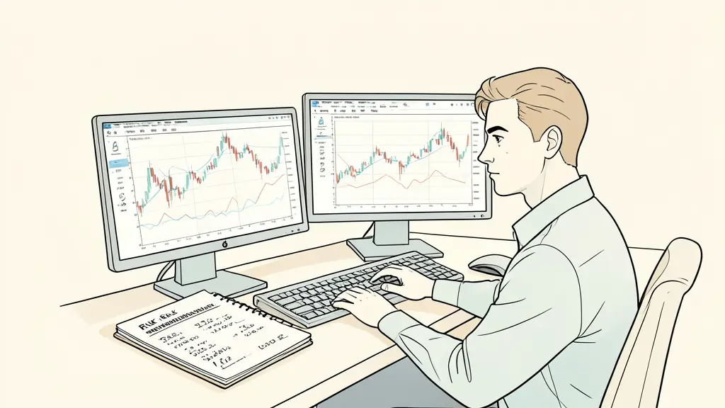 Professional trader analyzing futures candle charts on multiple monitors at a desk with a notebook
