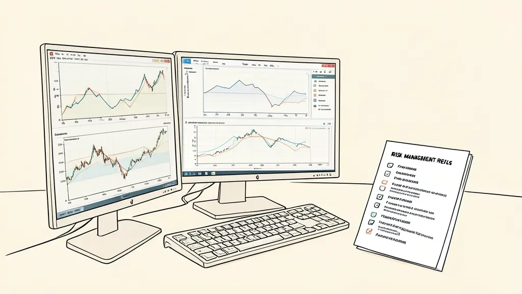 A professional trader's desk with multiple monitors showing complex charts, a focused expression, and a printed checklist of risk management rules next to a keyboard.