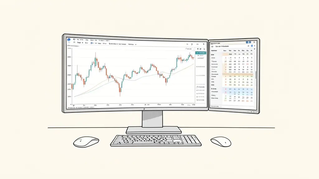 A professional trading workstation showing a multi-monitor setup with a candle chart experiencing a sharp price gap and a detailed economic calendar on the side, focusing on the USD volatility and execution risks.